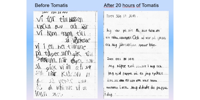 How handwriting changed after 20 hours of Tomatis for a boy 9 years old